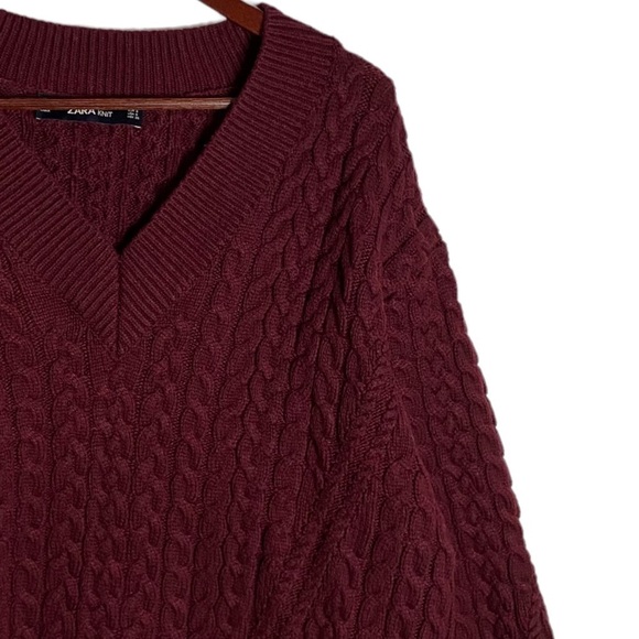 Zara Burgundy Oversized Chunky Cable Knit Sweater V Neck Small - Picture 6 of 14